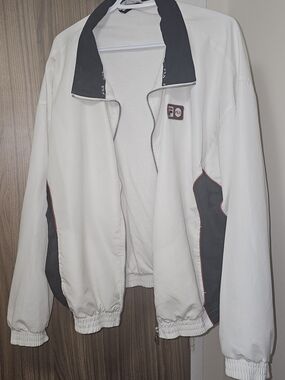 Retro Fila White and Black Zip-Front Track Jacket with Red Piping XL